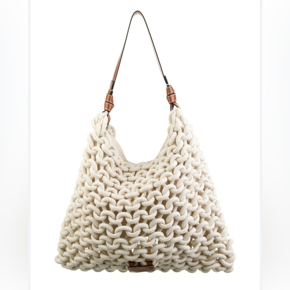 NEW🚨RARE NEW STAUD WHITE CHUNKY-KNIT CORDA LOGO PATCH SHOULDER BAG NATURAL TAN
